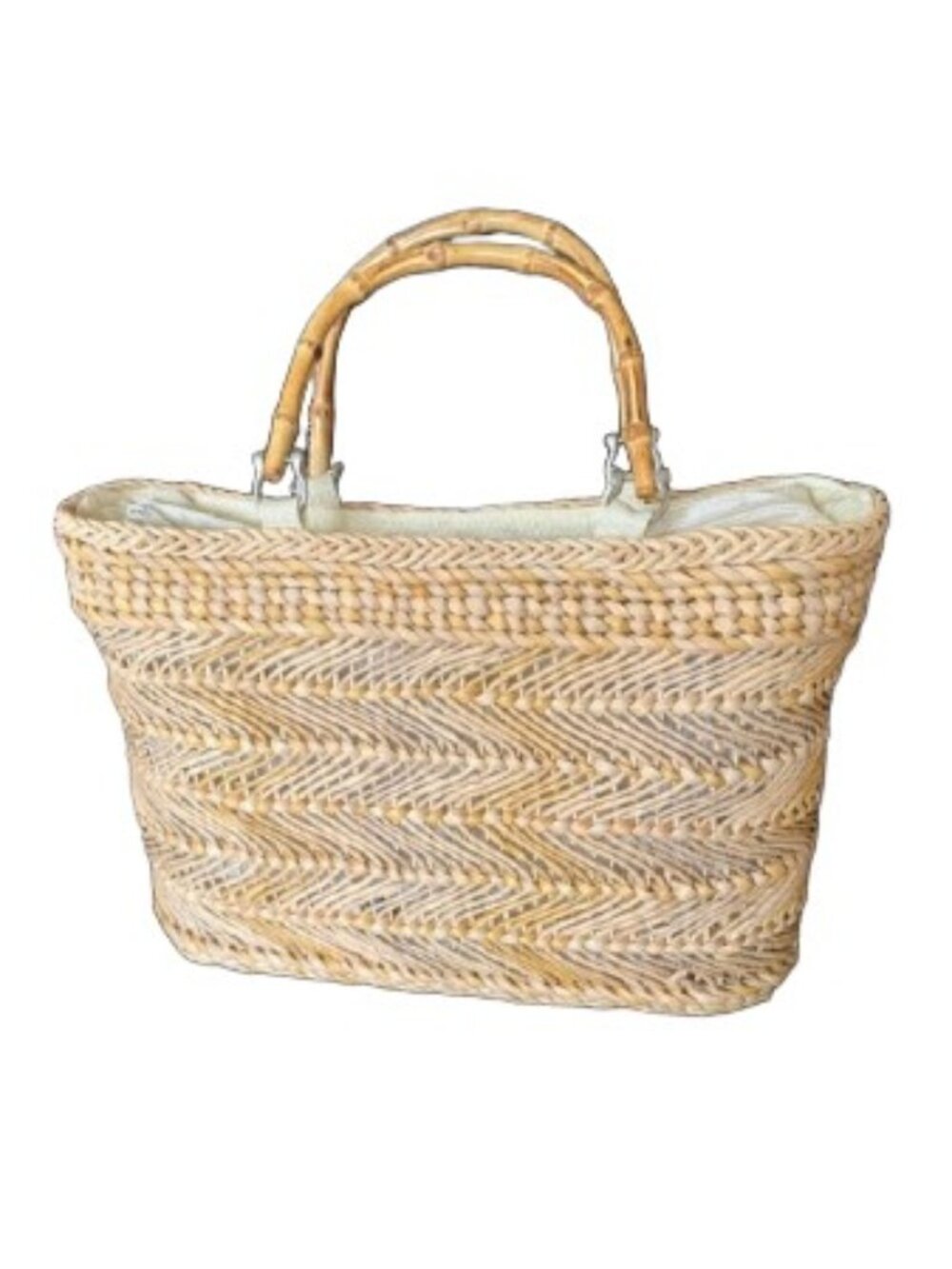 Cornhusk Woven Straw Tote Purse Bamboo Handles Zip Top Coastal Bag